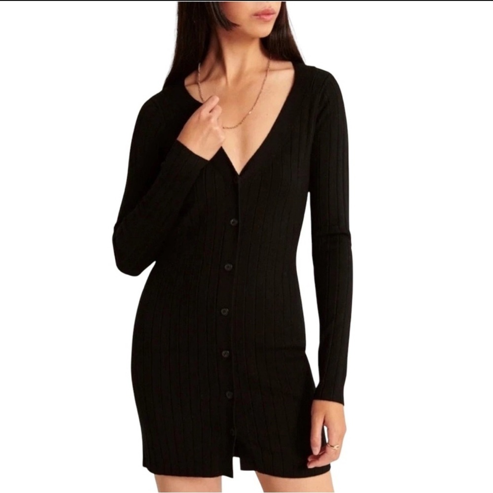 Abercrombie & Fitch Black Button Down Deep V Mini Sweater Dress - Size Small
